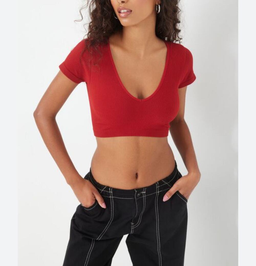 Brand New Signature8 Our Travels Red Ribbed  V-Neck Cropped Top Size: Small